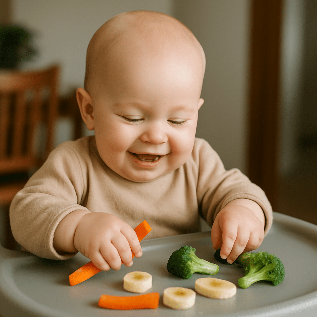 Baby practicing baby-led weaning by picking up banana slices, carrots, and broccoli, illustrating blw vs puree feeding approach.
