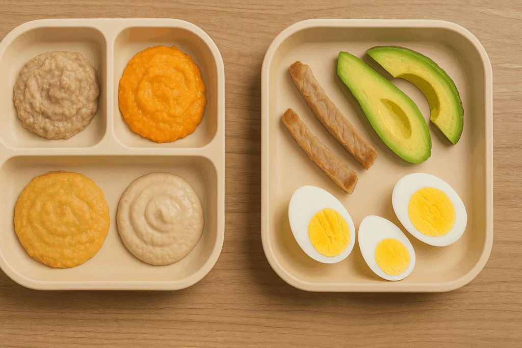 Side-by-side baby food trays showing blw vs puree options with iron-rich purees and nutrient-dense finger foods like eggs and avocado.