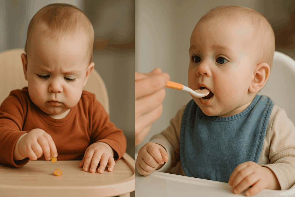 Baby practicing pincer grasp during baby-led weaning next to infant being spoon-fed by parent, illustrating blw vs puree methods.