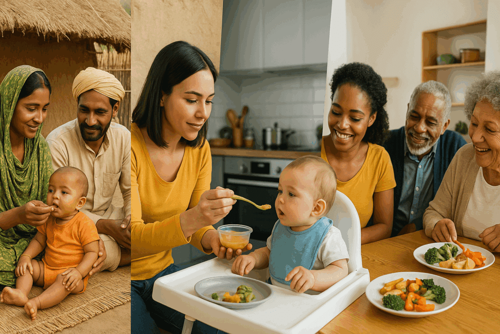 Collage showing blw vs puree practices: baby hand-fed in a rural village, spoon-fed in a modern kitchen, and self-feeding at a multigenerational family table.