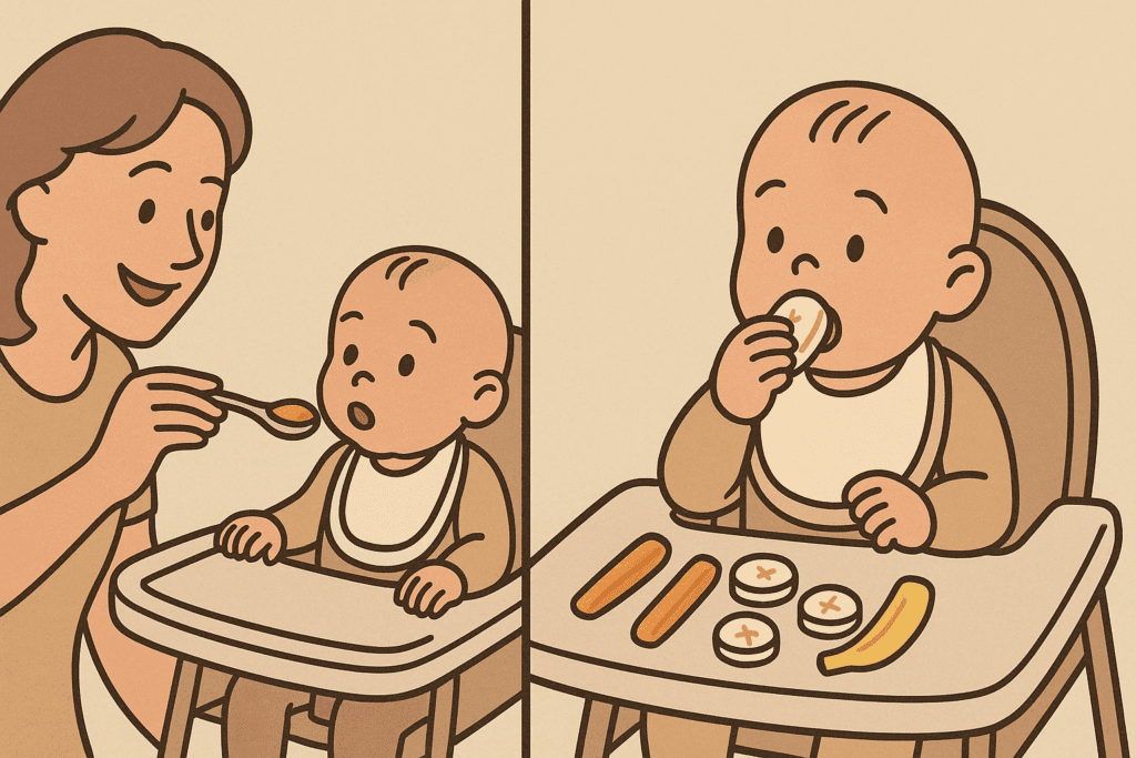 Side-by-side comparison of spoon-feeding and baby led weaning banana, showing a baby self-feeding soft banana slices to support motor skill development.