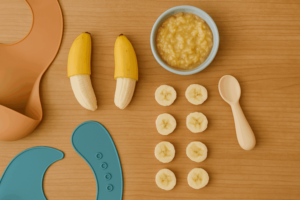 Various baby led weaning banana preparations on a wooden table, including peeled halves, mashed banana in a bowl, and soft banana slices with baby utensils.