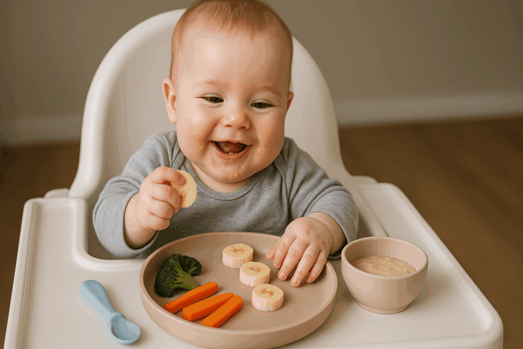 Baby exploring banana slices with messy fingers during a baby led weaning banana meal in a high chair.