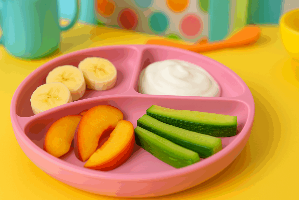 Colorful baby led weaning banana plate with yogurt, zucchini, and peach slices on a child-friendly kitchen table.