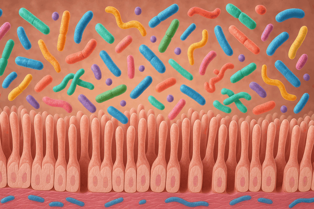 Cross-section of a healthy human gut showing colorful bacterial strains representing popular probiotics interacting with intestinal villi.