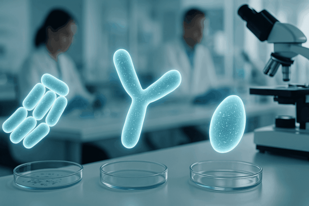 3D render of popular probiotics like Lactobacillus and Bifidobacterium glowing above petri dishes in a clinical research lab with scientists in the background.