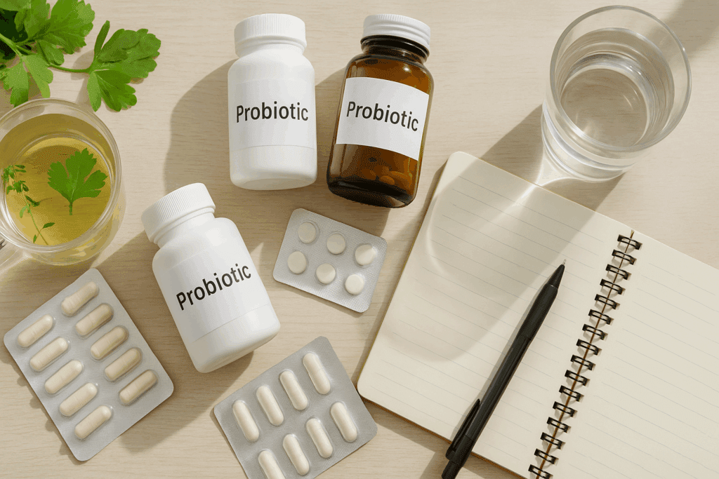 Flat lay of popular probiotics in bottles and blister packs beside a notebook, glass of water, and herbal tea in natural light