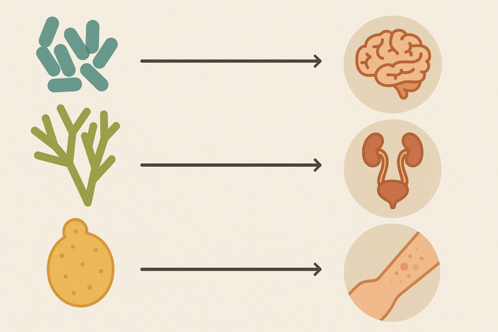 Infographic showing the connection between popular probiotics like Lactobacillus rhamnosus, Bifidobacterium infantis, and Saccharomyces boulardii with health conditions such as IBS, eczema, UTI, and mental health. The diagram uses icons to represent the brain, gut, urinary tract, and skin.