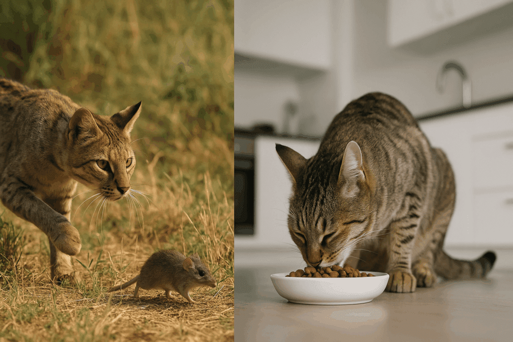 Wild cat hunting in nature beside a domestic tabby eating indoors, showing the origin behind Dr. Elsey’s Special Diets for Cats.