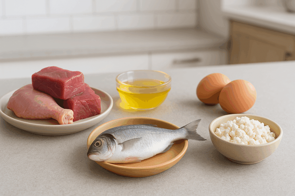 Ingredients representing Dr. Elsey’s Special Diets for Cats, including raw meat, fish oil, eggs, and dairy, arranged in a modern kitchen.