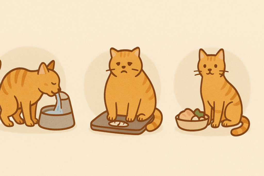 Three-panel illustration showing Dr. Elsey’s Special Diets for Cats: a cat drinking from a fountain for urinary health, an overweight cat on a scale for obesity management, and a calm cat beside a bowl of clean ingredients for digestive sensitivity.