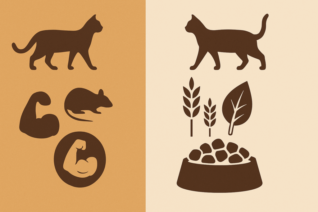 Side-by-side infographic visually comparing Dr. Elsey’s Special Diets for Cats—high protein, prey-based food—with plant-based, grain-heavy commercial diets.