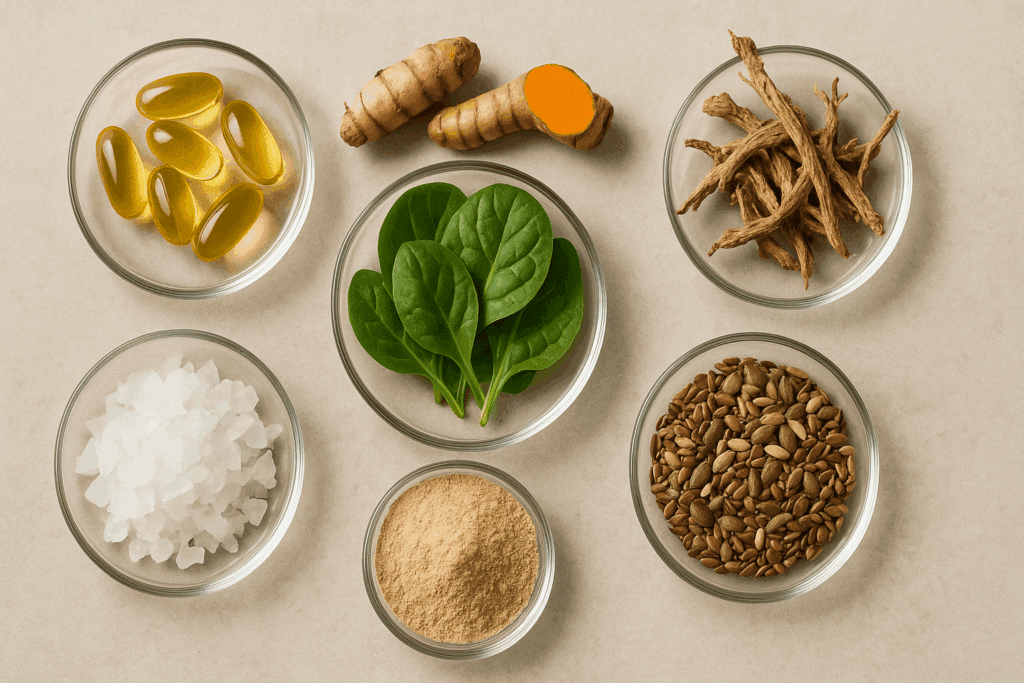 Premium ingredients in boosted pro dietary supplements including turmeric, fish oil, greens, ashwagandha, and seeds in glass bowls on neutral background
