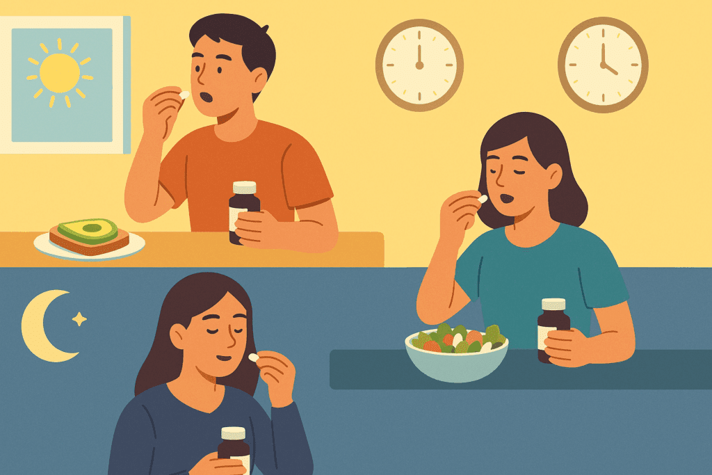 llustrated infographic showing people taking boosted pro dietary supplements in morning, afternoon, and evening routines with food.