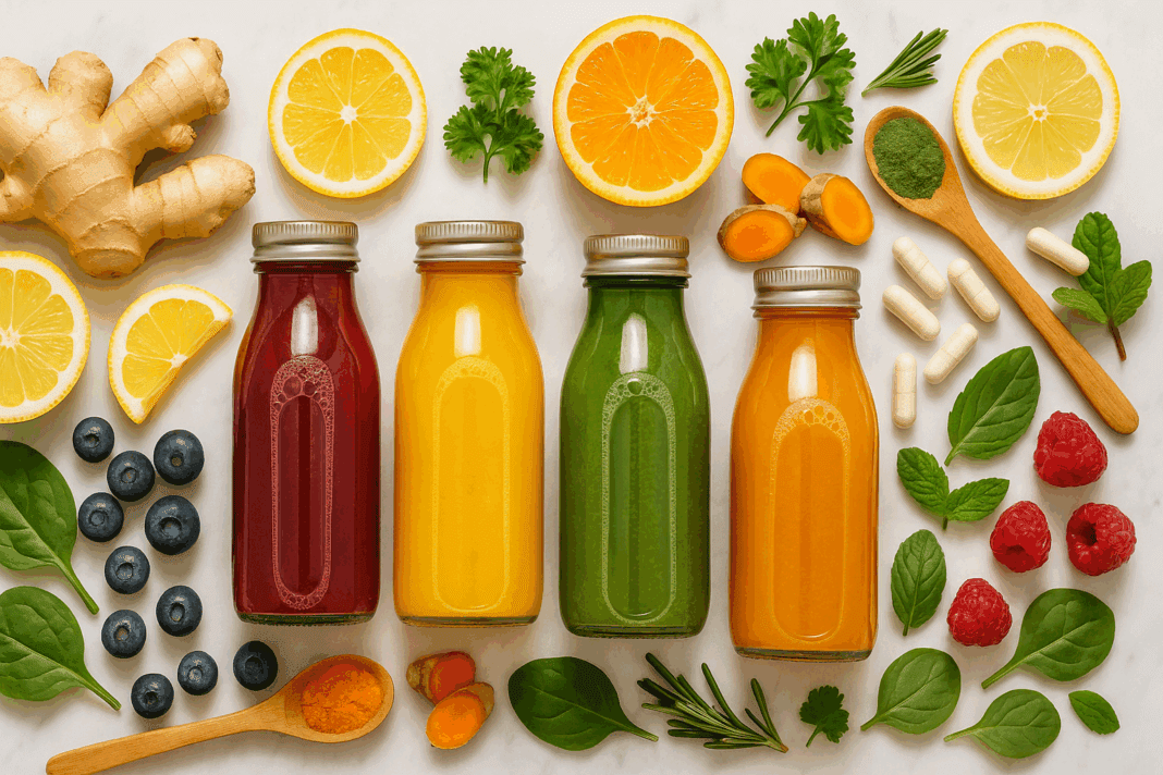 Colorful immune drinks in glass bottles surrounded by fresh superfoods like ginger, citrus, berries, and herbs on a white marble background