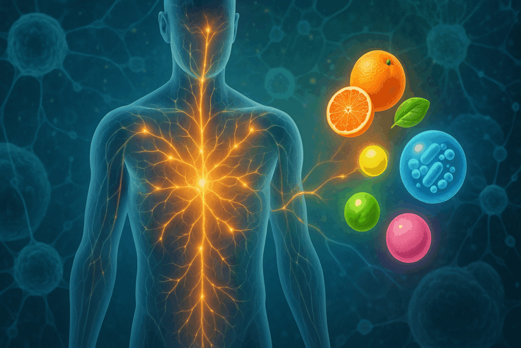 Abstract illustration of a glowing immune system inside a human body absorbing nutrients like vitamin C, zinc, and probiotics from immune drinks.
