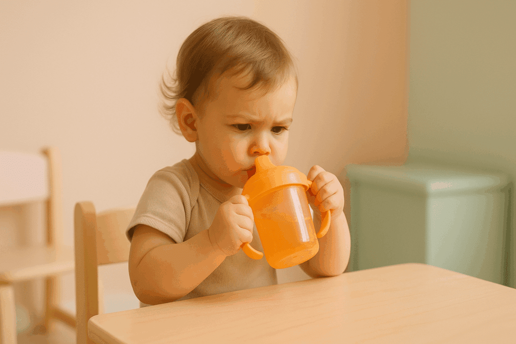 Determined toddler drinking independently from an orange leak proof sippy cup at a child-sized table in a pastel-colored playroom
