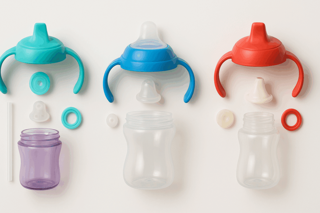Disassembled leak proof sippy cup parts including spouts, valves, and seals from straw, soft spout, and hard spout designs on white background.
