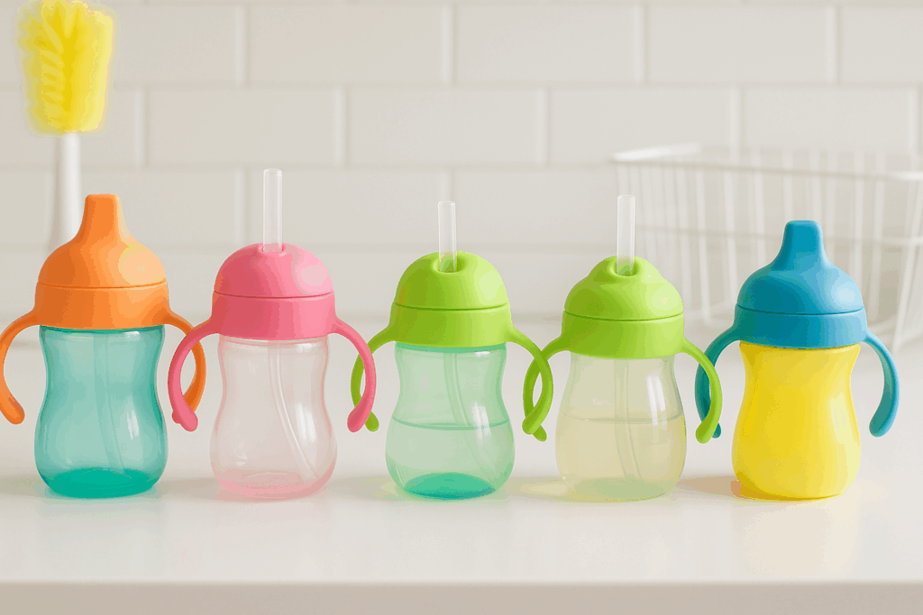 Colorful leak proof sippy cup lineup with ergonomic handles and silicone straws on a white kitchen counter