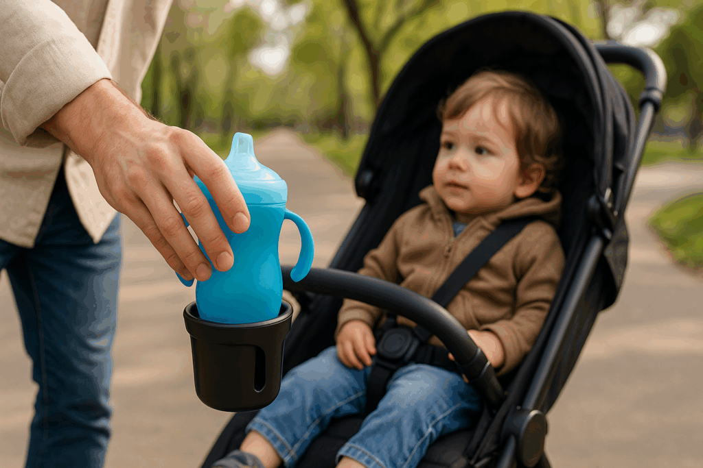 Parent placing a leak proof sippy cup into a stroller cup holder while walking with toddler in a park