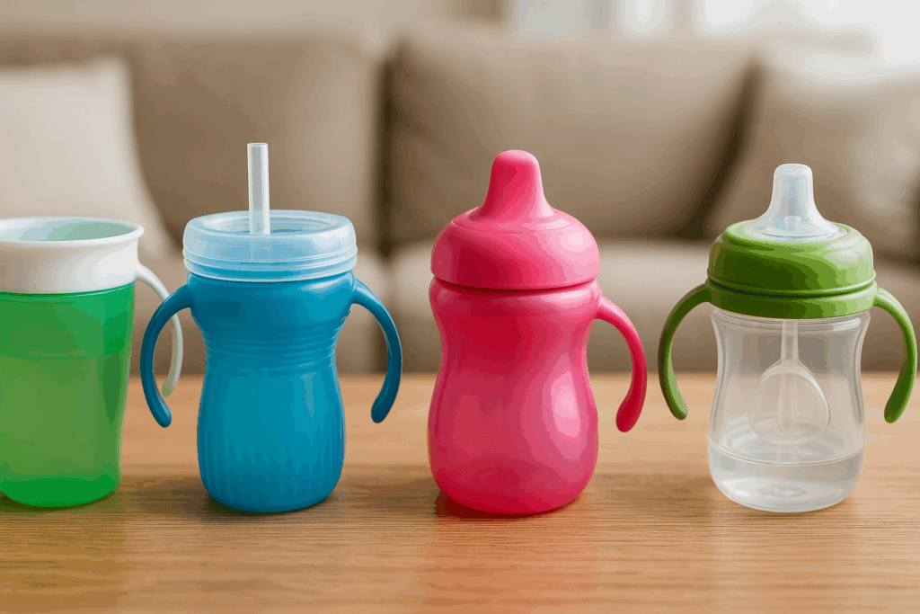 Four leak proof sippy cup designs with different spouts and valves on a wooden table in a sunlit living room