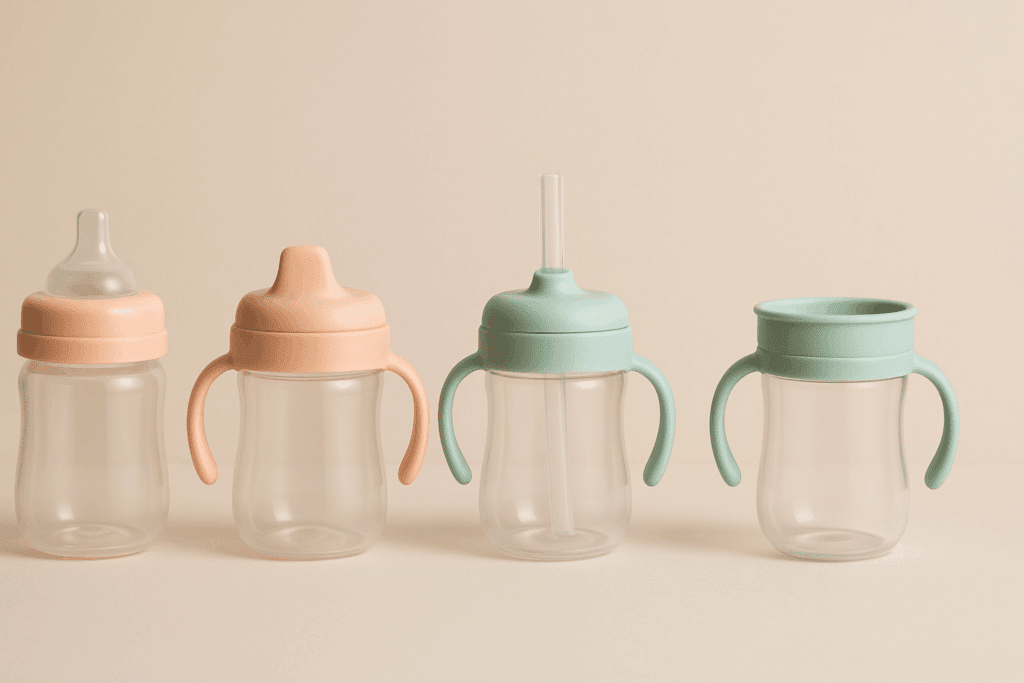 Leak proof sippy cup progression from baby bottle to open training cup on neutral background
