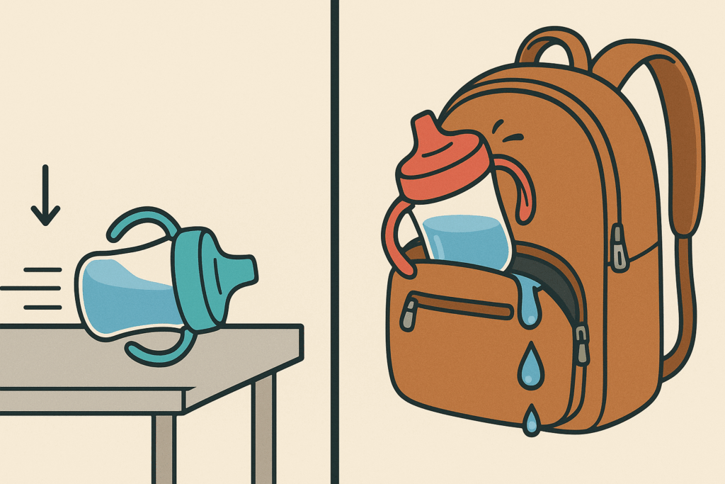 Side-by-side illustration comparing a spill proof and a leak proof sippy cup, showing one tipped on a table and the other leaking in a backpack.