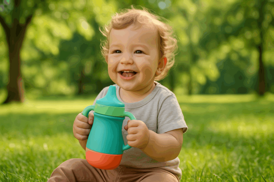 Smiling toddler sitting on grass in a sunny park holding a colorful plastic free sippy cup with trees in the background