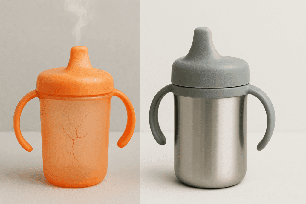 Split-screen comparison of a cracked plastic sippy cup emitting fumes next to a clean plastic free sippy cup made of stainless steel and silicone on a neutral background.