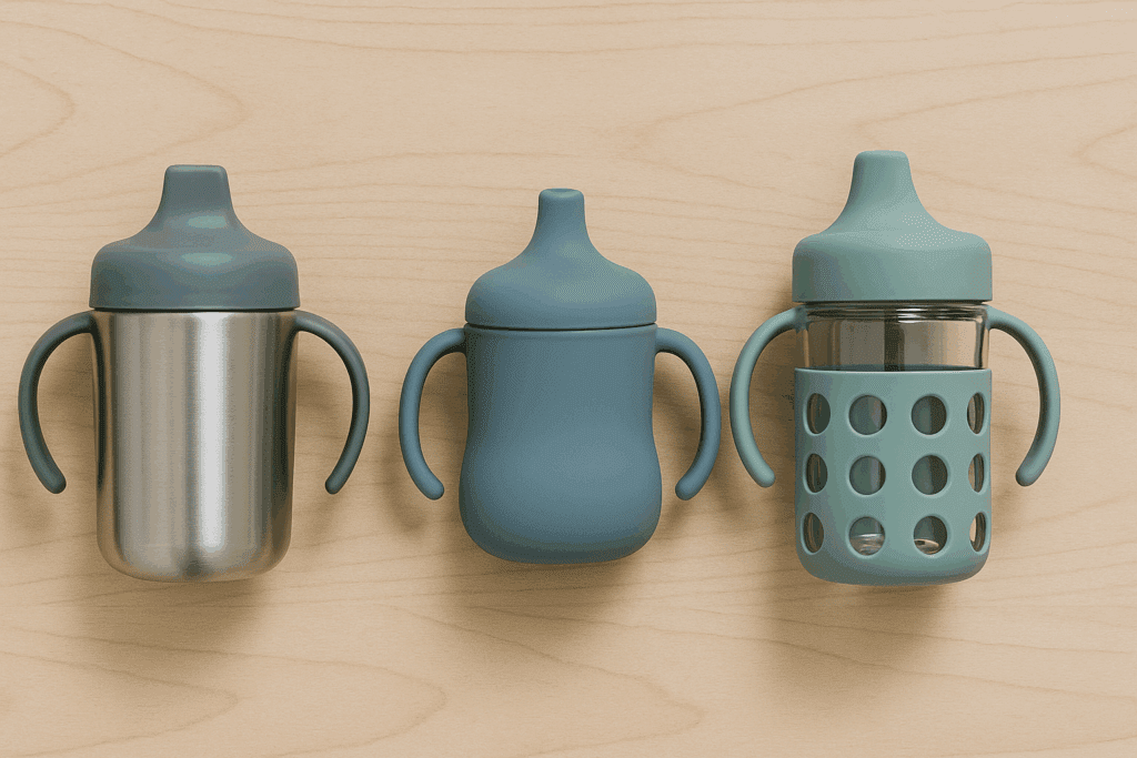 Three plastic free sippy cups—one stainless steel, one food-grade silicone, and one tempered glass with silicone sleeve—arranged on a wooden surface.