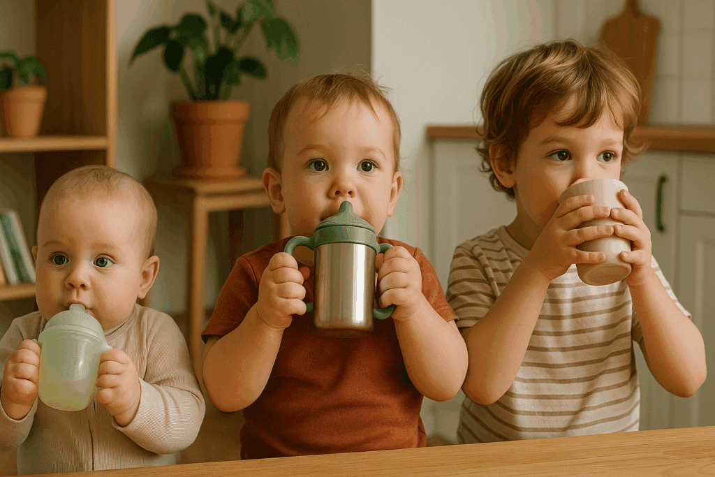 Toddlers at different ages drinking from a plastic free sippy cup—silicone, stainless steel, and open cup—in a cozy home setting