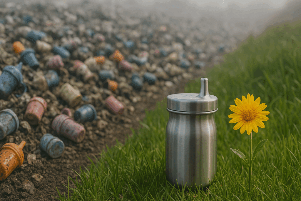 Reusable stainless steel plastic free sippy cup on green grass with blooming flower beside landfill of old plastic cups