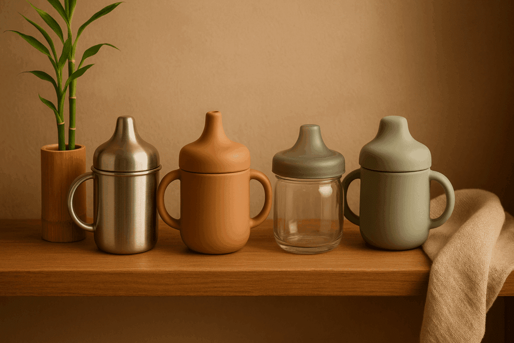 Cozy shelf display of plastic free sippy cup options in stainless steel, silicone, and glass with bamboo decor and soft lighting.