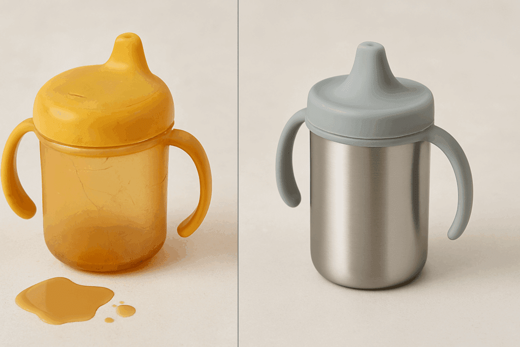 Side-by-side comparison of a worn plastic sippy cup with spilled liquid and a clean plastic free sippy cup made of stainless steel on a neutral background