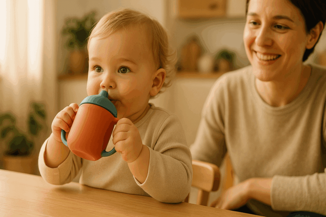 Smiling toddler drinking from a BPA-free silicone sippy cup at a sunlit kitchen table with a parent nearby