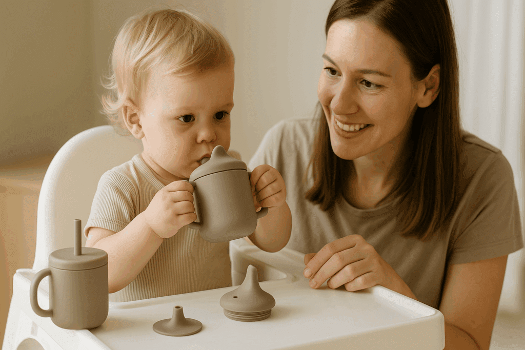 Toddler learning to drink from a silicone sippy cup on a high chair with interchangeable spout and straw tops nearby.