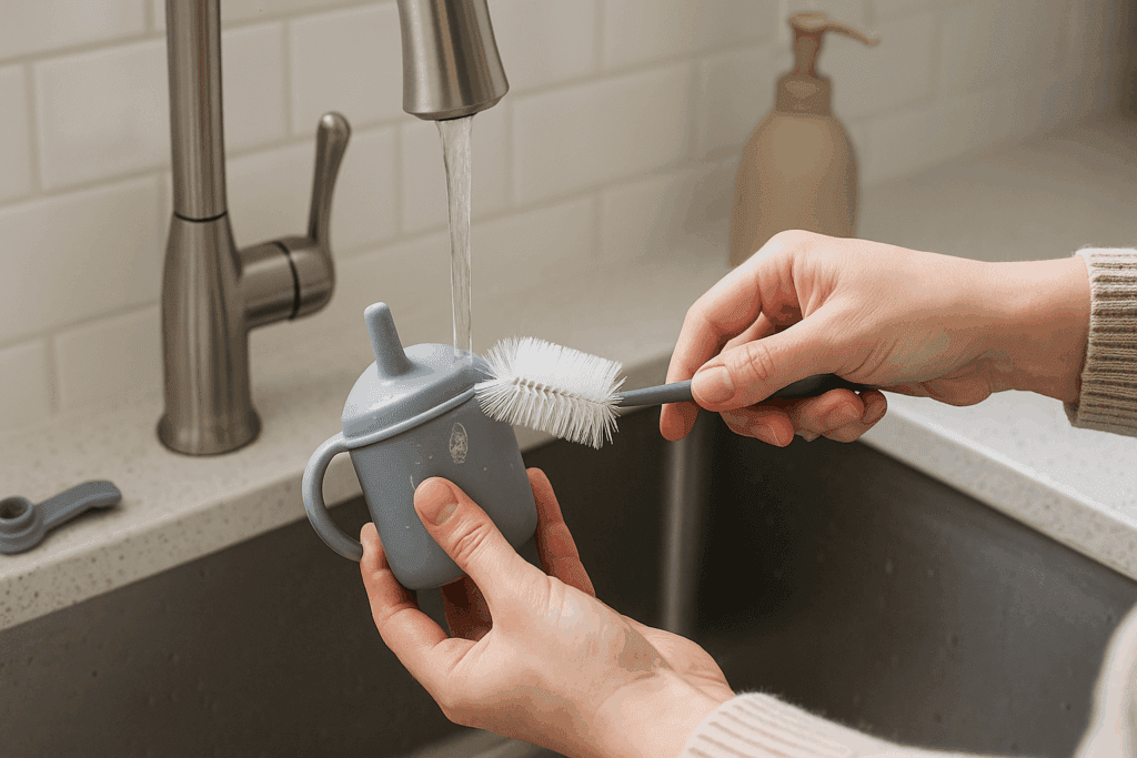 Caregiver cleaning a silicone sippy cup with a bottle brush at a modern kitchen sink, focusing on spout and joints for hygiene.