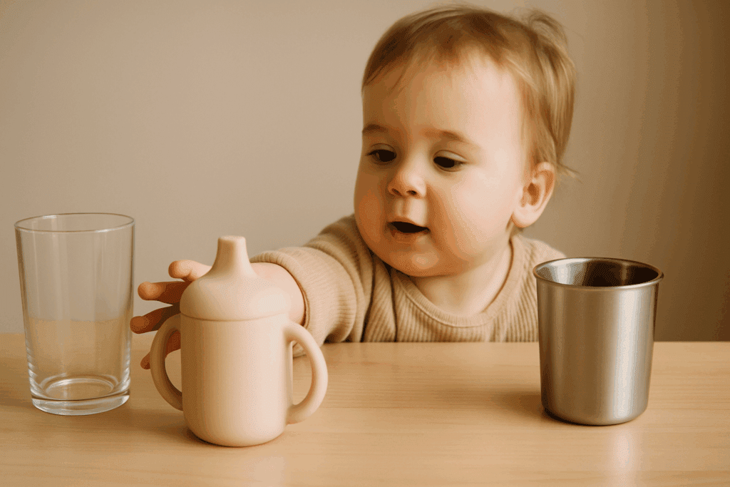 Toddler reaching for a silicone sippy cup on a table beside a glass and stainless steel cup.