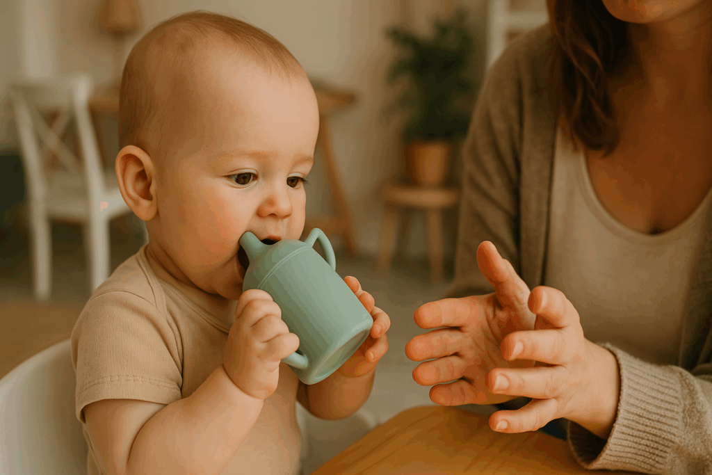 Curious baby chewing on a silicone sippy cup while a caregiver encourages the interaction at home