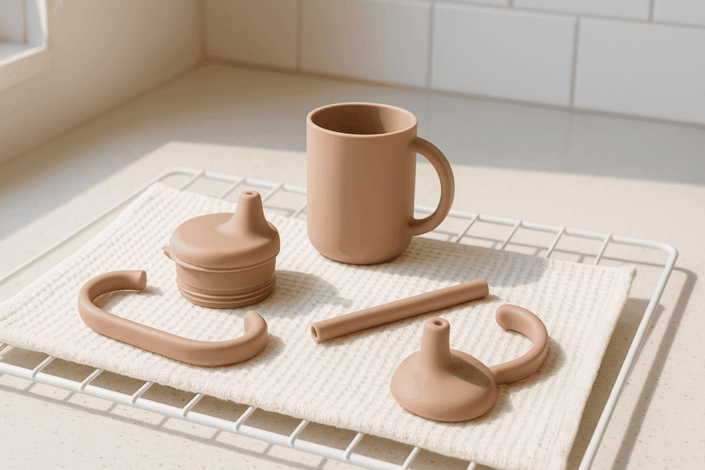 Disassembled silicone sippy cup parts—lid, straw, spout, and handles—air drying on a towel in a sunlit kitchen.