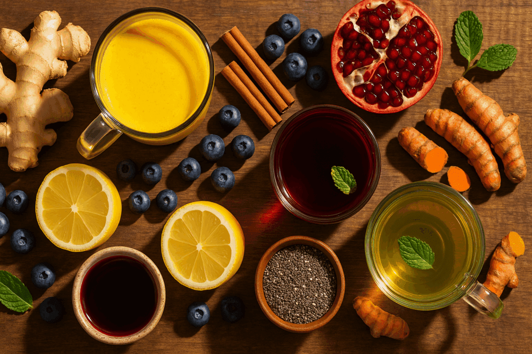 An assortment of anti-inflammatory drinks, including turmeric golden milk, green tea, tart cherry juice, and pomegranate juice, surrounded by fresh ingredients like ginger root, cinnamon sticks, and blueberries, displayed on a rustic wooden surface with warm, natural lighting.