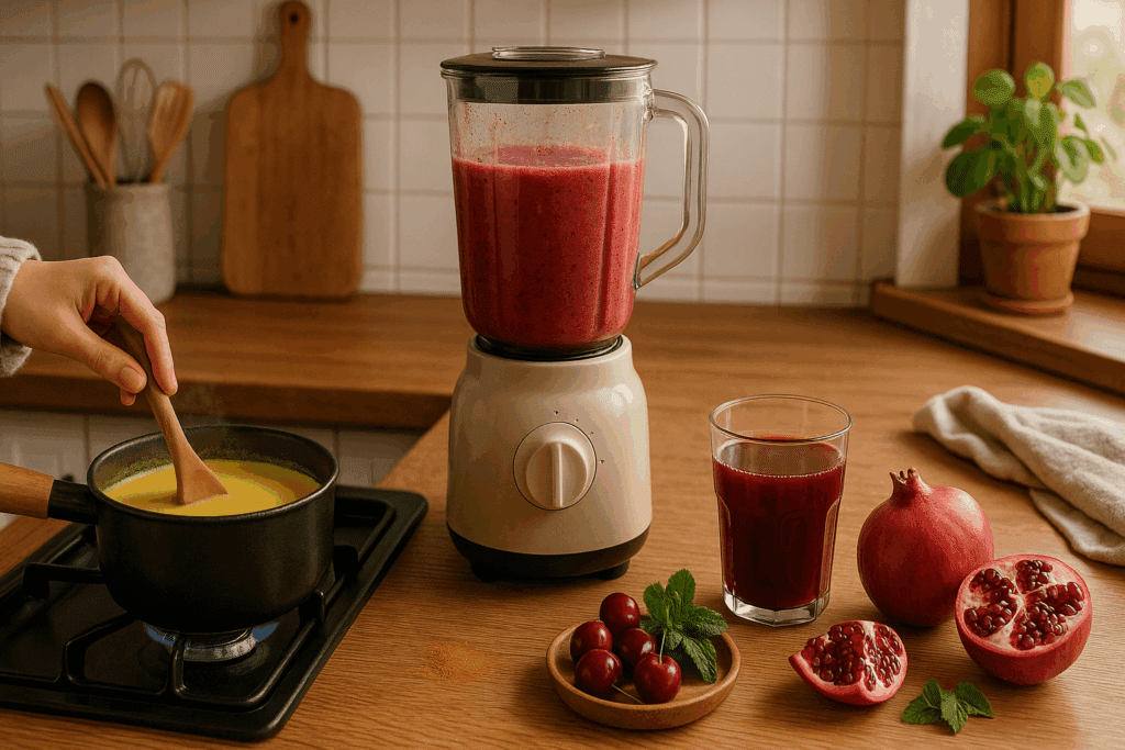 Cozy kitchen with a variety of anti-inflammatory drinks being prepared, including golden milk being stirred on the stove, a cherry smoothie in a blender, and a glass of pomegranate juice surrounded by fresh ingredients
