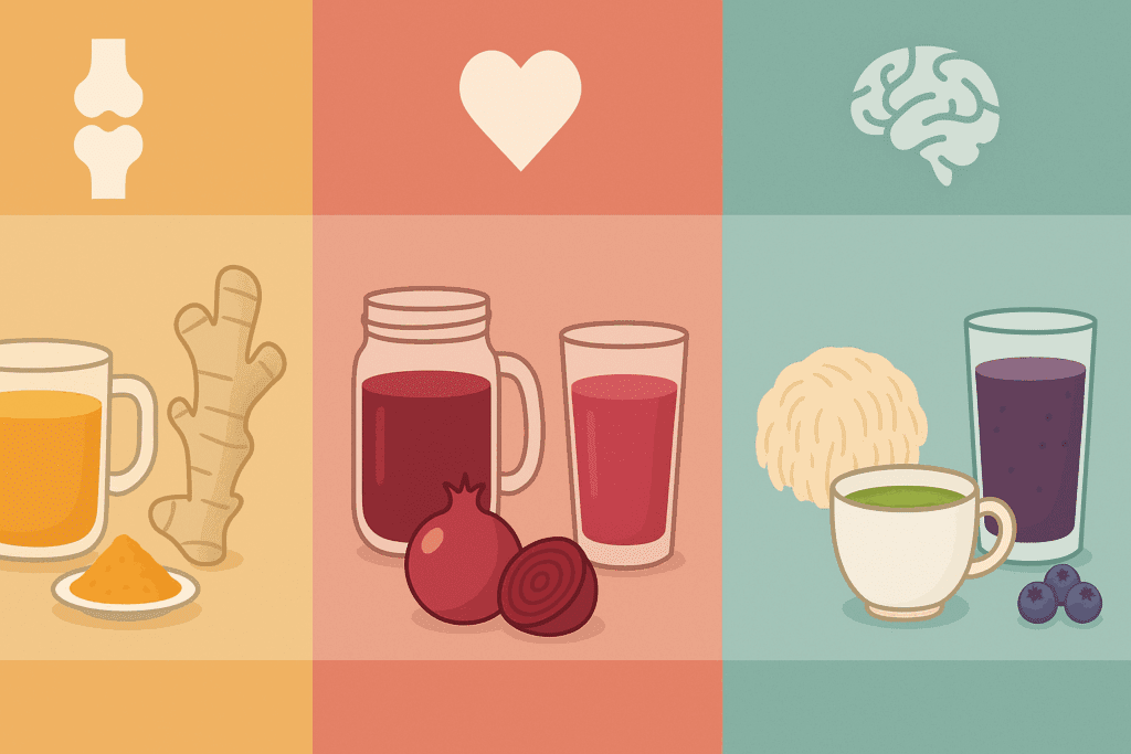 "Infographic comparing three anti inflammatory drinks for different health goals: turmeric-ginger-boswellia for joint health, pomegranate-beetroot-green tea for heart health, and matcha-lion’s mane-blueberries for brain health