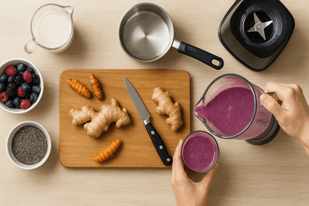 Hand pouring an anti-inflammatory drink made with fresh turmeric, ginger, berries, chia seeds, and almond milk, captured on a wooden kitchen counter with kitchen tools