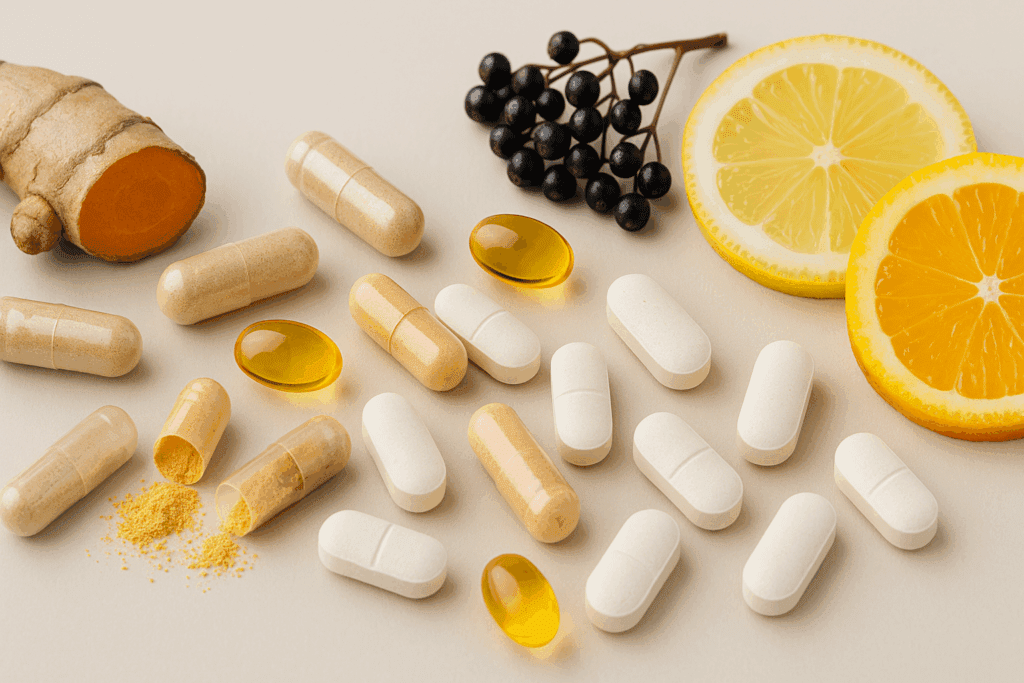 Assorted immune support supplement capsules with turmeric root, elderberries, and citrus slices on a beige background