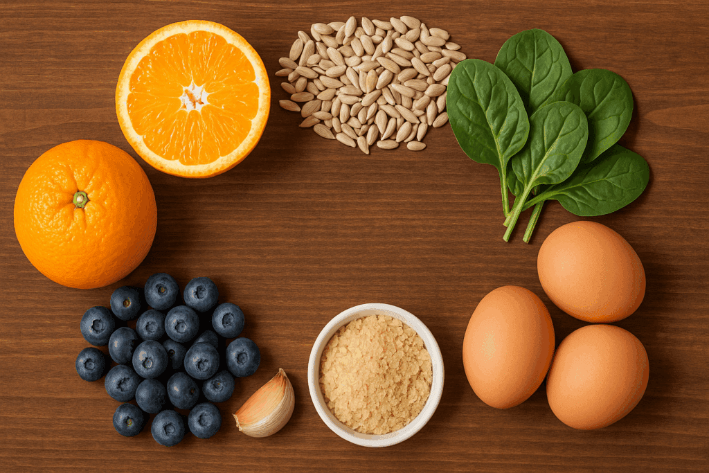 Whole foods rich in vitamins and minerals—like oranges, sunflower seeds, eggs, spinach, and blueberries—representing natural sources found in an immune support supplement.