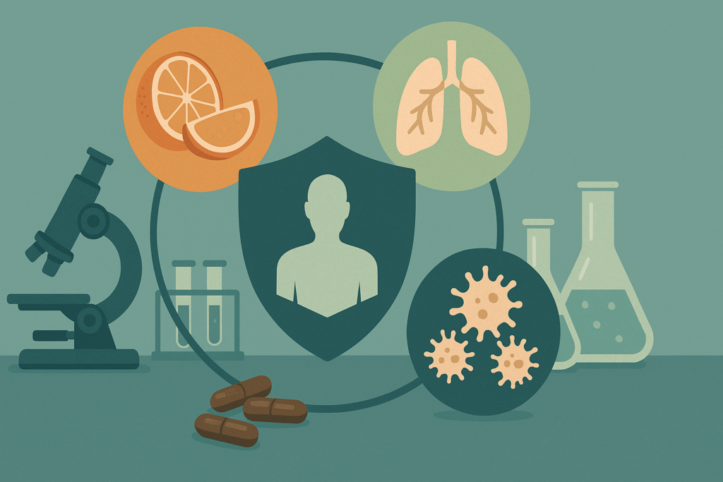 Infographic showing how an immune support supplement aids respiratory health, immune cells, and protection using vitamin C, D, zinc, and elderberry in a lab setting