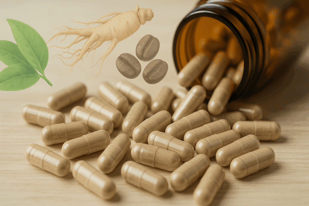 "Best energy capsule spilling from an amber bottle surrounded by natural ingredients like green tea leaves, ginseng root, and coffee beans, highlighting the sources of energy-boosting ingredients.