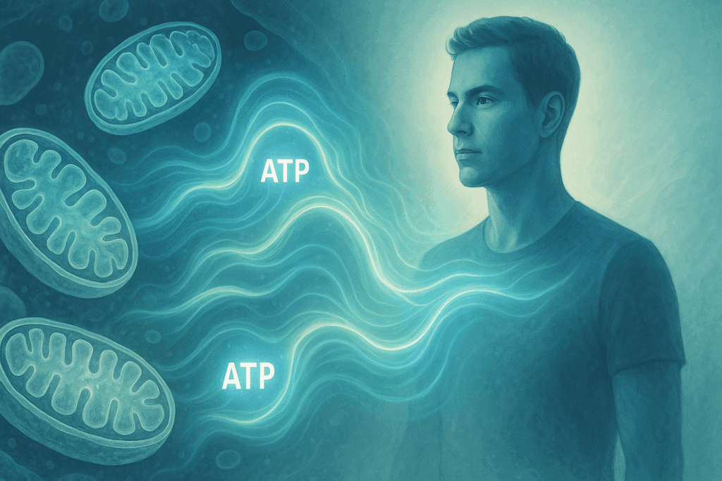 Medical illustration showing human mitochondria inside cells emitting energy light waves with glowing ATP symbols, symbolizing energy production. The image depicts the process of cellular energy regeneration, suggesting the benefits of the best energy capsule for boosting vitality and focus.