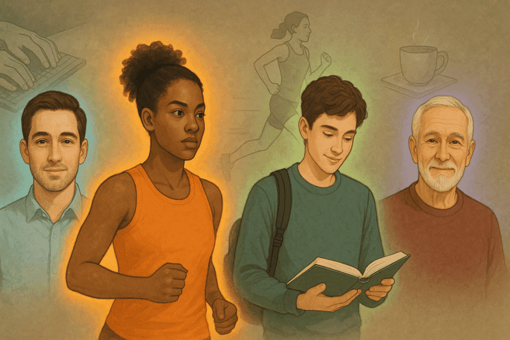 Young professional, athlete, student, and senior adult, each surrounded by a soft, color-coded aura glow, symbolizing different energy needs. The image visually represents a diverse group, highlighting varying energy requirements for various activities like working, studying, and exercising. Ideal for those considering the best energy capsule for their specific needs.